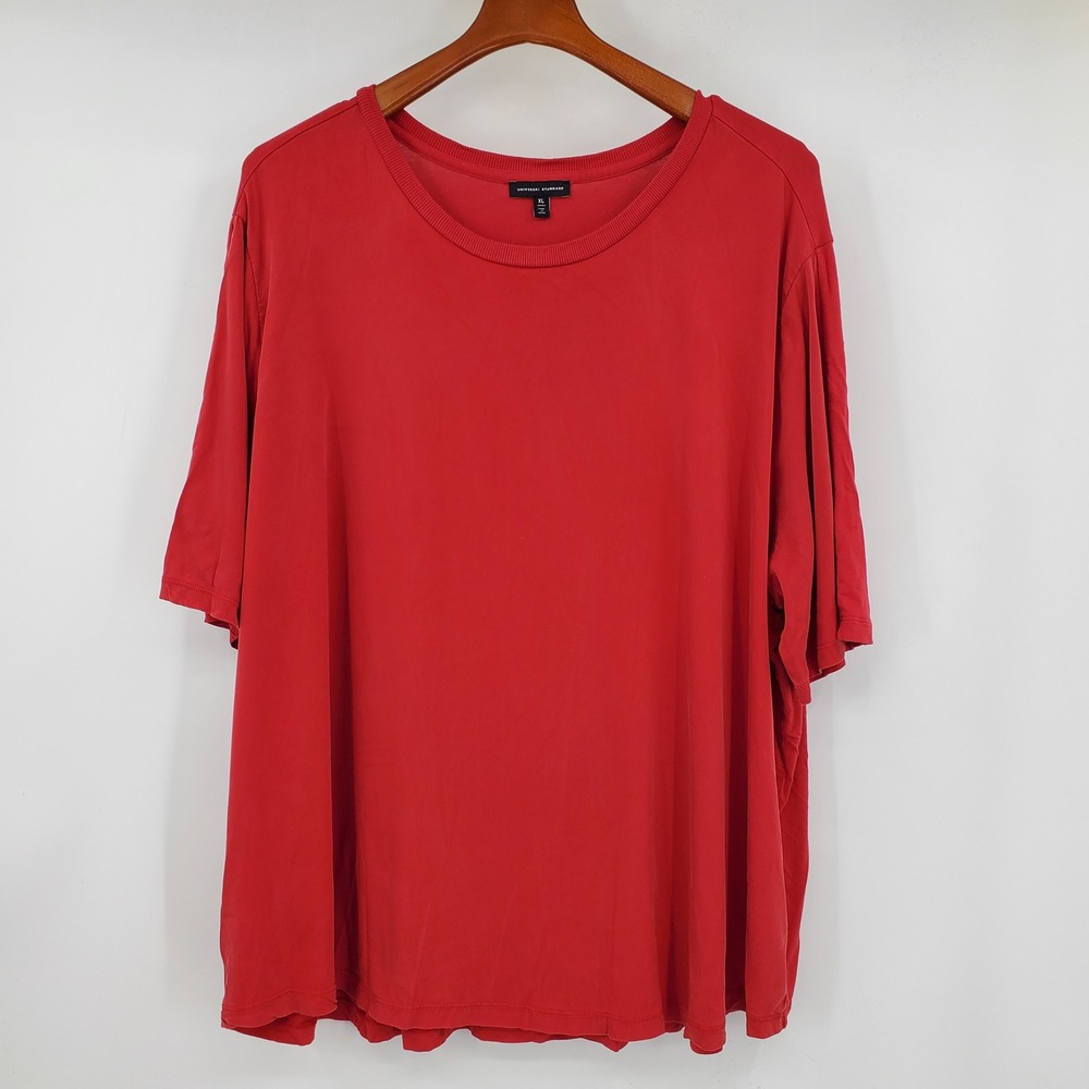 Universal Standard Red Arvo Cupro Mixed Media Tee Shirt Relaxed Top XL Stretch